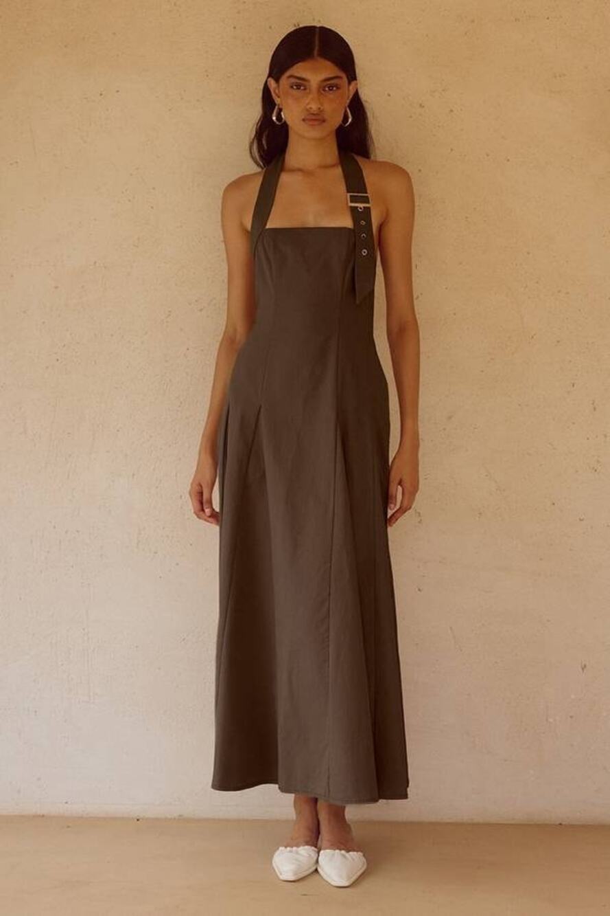 Seven Wonders Astrid Halter Midi Dress	in Chocolate Brown M	Quiet Luxury Chic